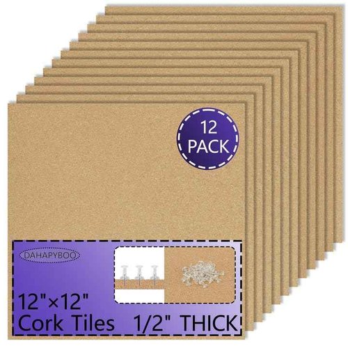 DAHAPYBOO Cork Board Bulletin Board 12x12,1/2" Thick Cork Board Tiles 12 Pack, Self-Adhesive Small Square Pin Board for Walls, Corkboards for Office Home School Message/Vision Board Decoration.