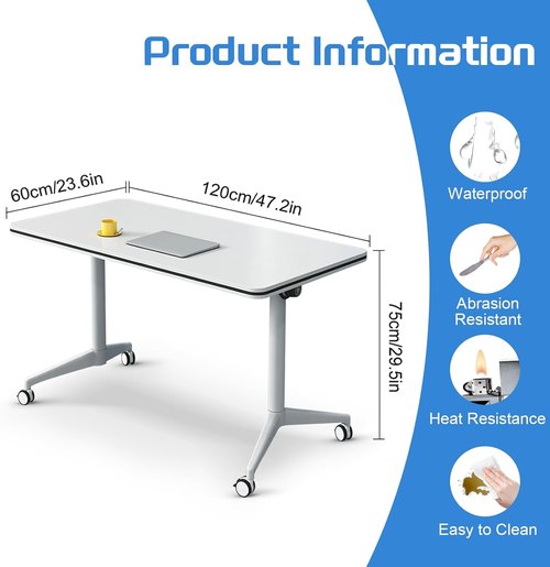 Movable Folding Conference Table - Modern Rectangular Design with Wheels | White, 47.2in for Office & Training Rooms