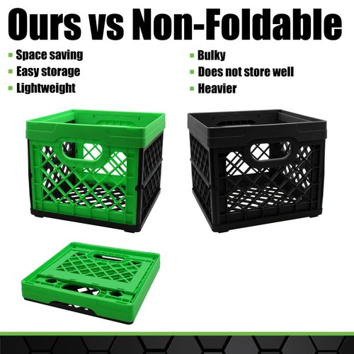 GRIP Folding Stackable Storage Bin, 6 Gallon - Dimensions: 13" x 13" x 11" - Milk Crate - Capacity: 50 lbs - Heavy Duty, Plastic Collapsible Crate for Sporting Goods, Toys, Pool Toys, Decor, Files