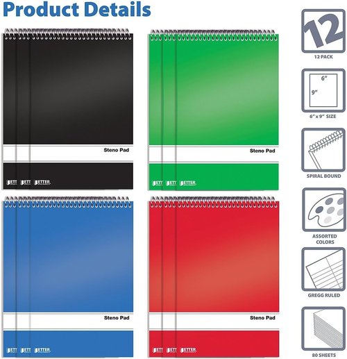 Better Office Products Spiral Steno Pads - 12 Pack, 6 x 9 Inches, 80 Sheets, Assorted Colors