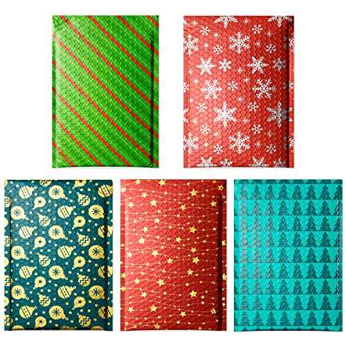 25 Pack Christmas 7x10 inch Poly Bubble Mailers Padded Envelopes Retailer Holiday Shipping Bags with Waterproof Self Seal Strip with Five Different Christmas Pattern.(7x10 inch,Mixed Pattern)