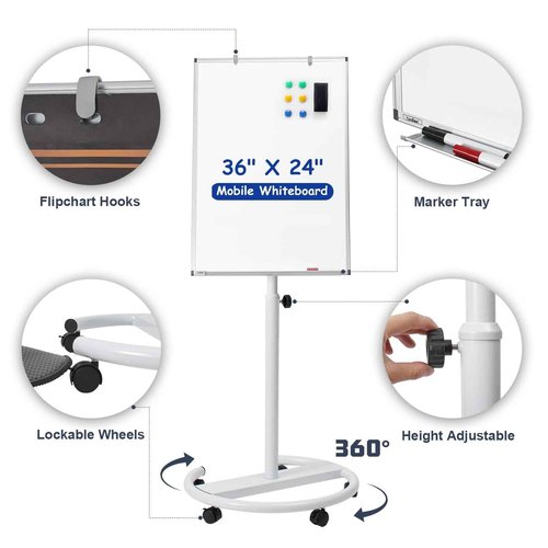 Mobile Whiteboard, 36x24 Inches Standing White Board on Wheels, Portable Magnetic Dry Erase Board with Stand, Height Adjustable Easel Style Rolling Whiteboard for Classroom, Office, Teacher, Home