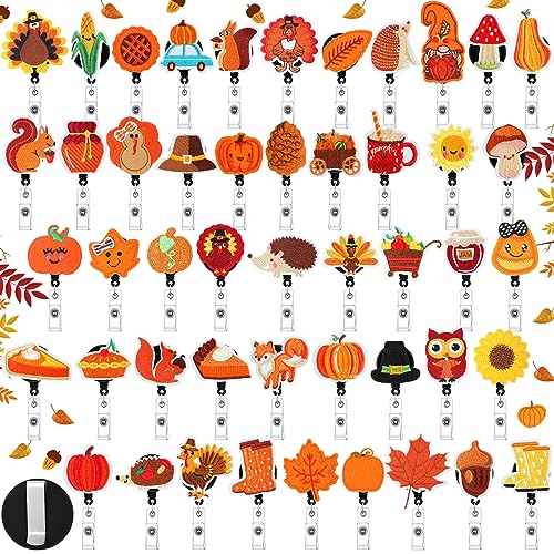 Zhanmai 48 Pcs Thanksgiving Reels Felt Retractable Fall Badge Reels with Clip Cute Squirrel Turkey Pumpkin Maple Leaves Holiday Themed Badge Holders Gift for Nurse Doctor Students School Office