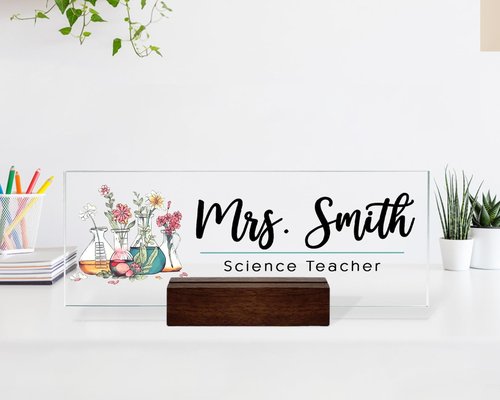 Personalized Laboratory Desk Sign, Floral Chemistry Lab Scientist Gift, Science Teacher Desk Name Plates for Classroom, Chemistry Gift for Biology Teacher, Desks Decoration, Appreciation