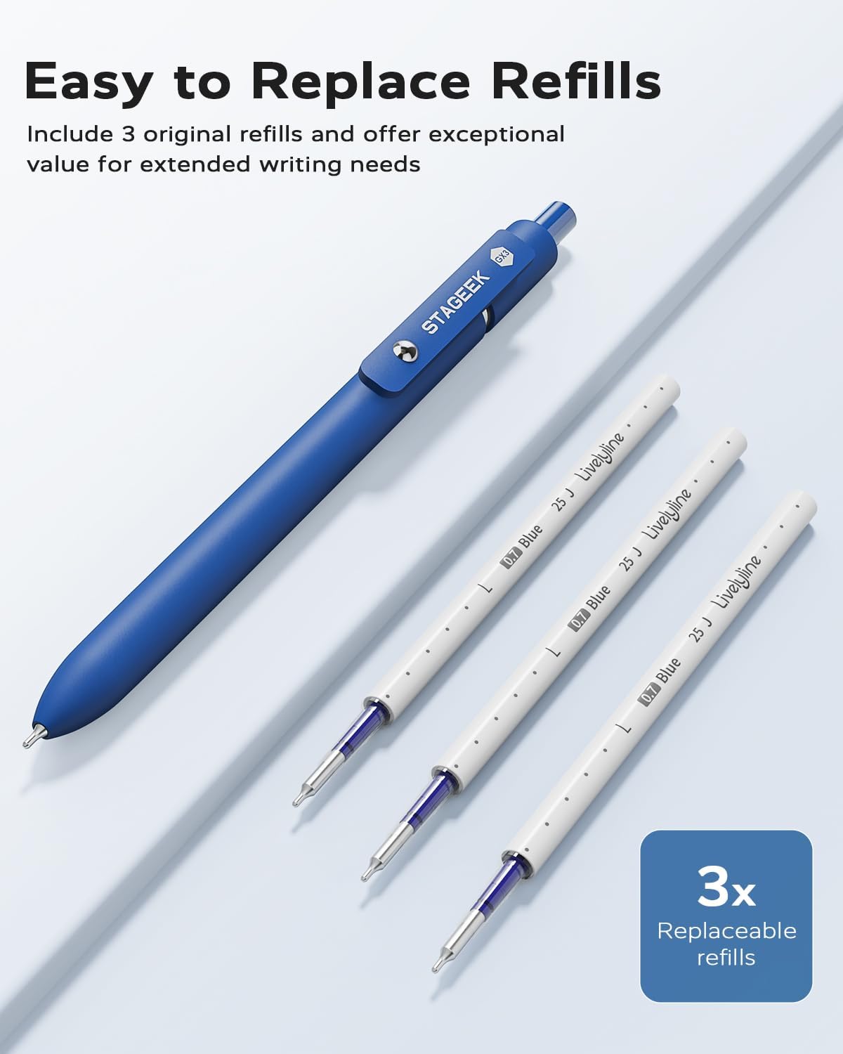 STAGEEK Blue Gel Pens - 6-Pack Quick Dry Fine Point Retractable Pens with 3 Extra Refills | Ideal for Journaling & Office Use