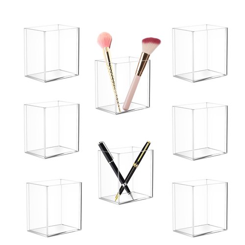 Dingelex 8 Pack Clear Acrylic Pen Pencil Holder Cup, Clear Makeup Brush Holder Acrylic Desk Accessories Square Stationary Organizer for Office School Home