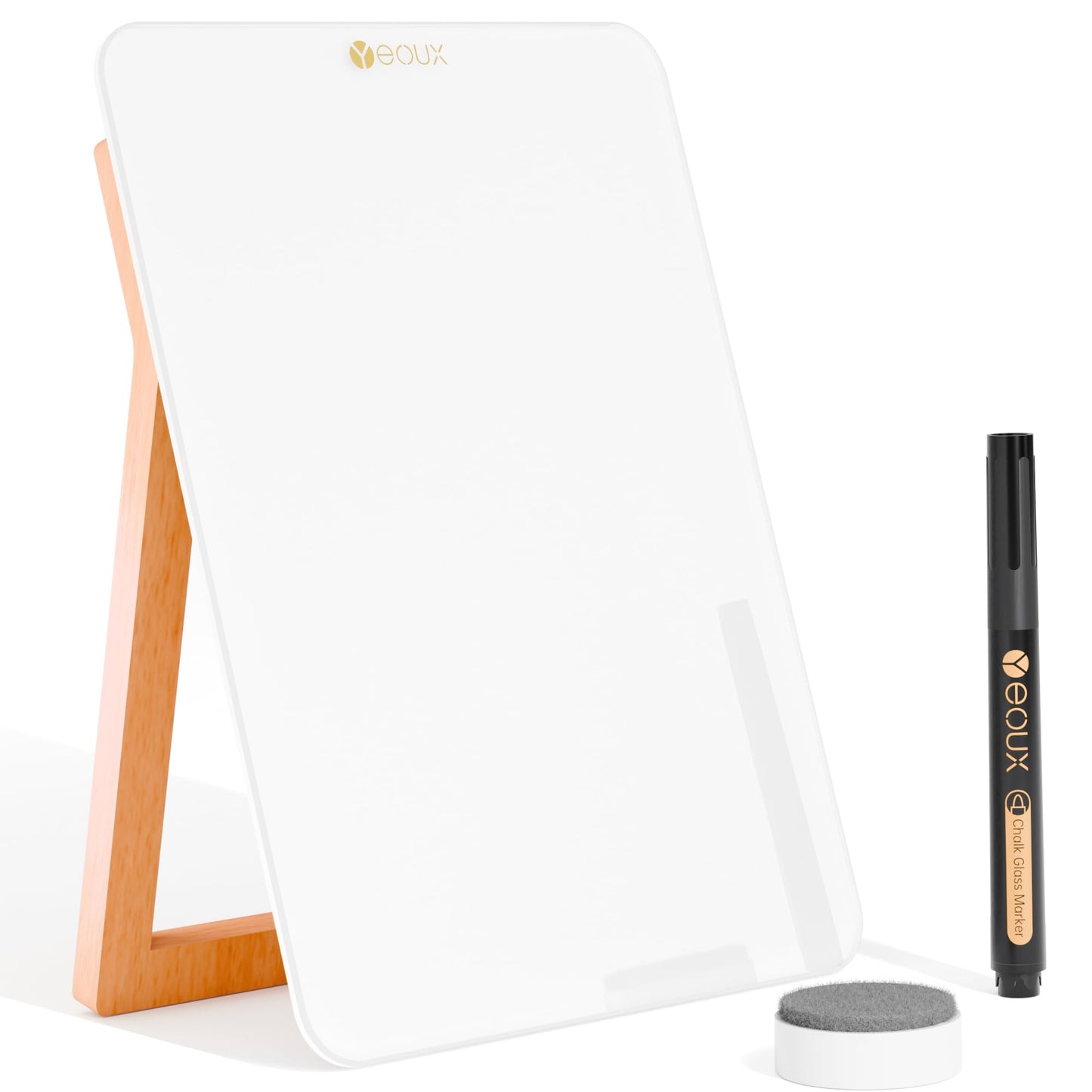 Yeoux Desktop Glass Whiteboard with Reversible Wood Stand 9.5"x6.7"