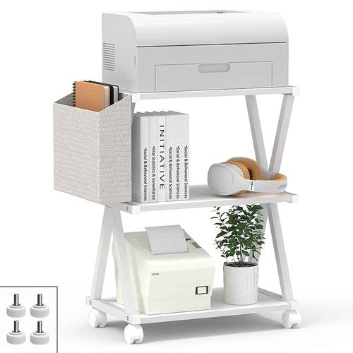 VEDECASA White Mobile Printer Stand 3 Tier Wood Shelf Metal Frame Printer Cart with Storage Bag for Home Office Modern Under Desk Table Side Printer Cart with Rolling Caster Wheel