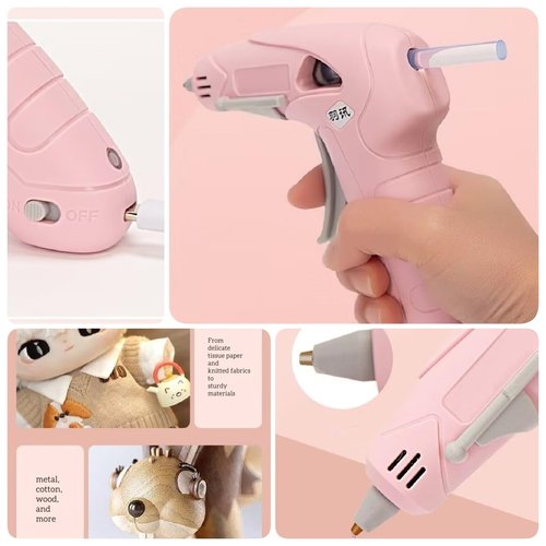 NEX&CO Pink Cordless Hot Glue Gun Kit for Kids, Mini Rechargeable Battery & Anti-Drip, Auto Power-Off & Lightweight w/ 30 pack 7mm Rainbow Glue Sticks, Child-Safe for Classroom Crafts, Art Projects