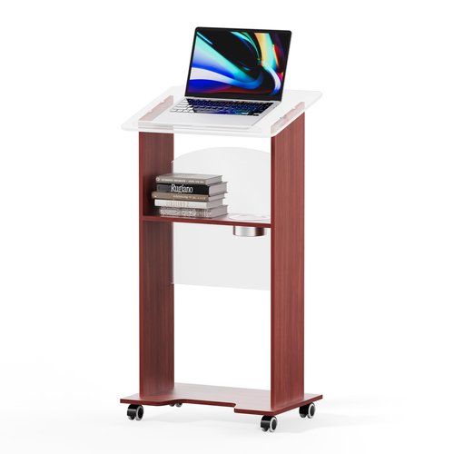 45" Podium with Lockable Wheels,Portable Lectern with Acrylic and 15mm Plywood,Podium Stand with Shelf and Cup Holder,Mobile Stand for Seminars and Schools