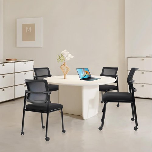 CLATINA Waiting Room Chair with Wheels Adjustable Mesh Backrest Stacking Armless Office Chair, Ergonomic Lumbar Support and Thickened Leather Seats Cushion for Home Conference Lobby Side School Black