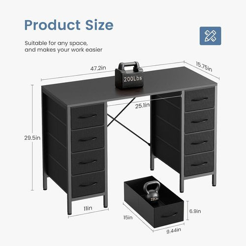 DUMOS 47-Inch Computer Desk - Stylish Office Gaming Desk with 8 Fabric Drawers | Black