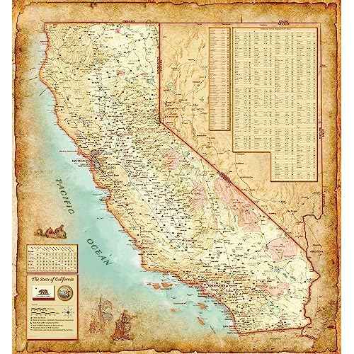 Beautiful Wall Map of California, Classic Antique Atlas Style, Features Shaded Relief Topography, Decorative & Functional - Choose Paper or Laminated (Paper, 36" W x 39" H)