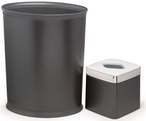 Stephanie Imports Made in USA Set of 2 Platinum Silver 5-Gallon Vinyl Waste Basket & Cube Tissue Box Cover