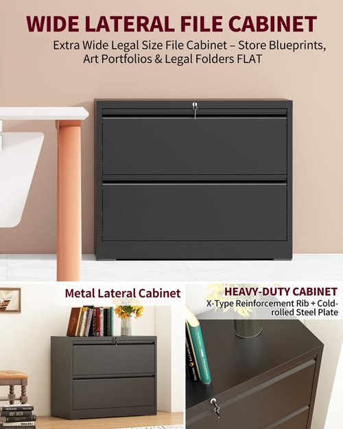 IRAUKKO 2 Drawer Lateral File Cabinet with Lock, 26.8" Wide Metal Filing Cabinets for Home Office, Steel Horizontal Storage Cabinet for Letter/Legal/F4/A4 Size - Black