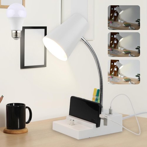 LALISU LED Study Desk Lamp - Gooseneck Design with USB Charging & Stepless Dimming | White
