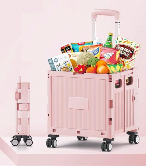 Foldable Rolling Utility Cart with Lid and Telescoping Handle,Collapsible Plastic Storage Crate with 360° Swivel Wheels,Portable Shopping Trolley for Groceries,Travel,Officeand Household Use (Pink)