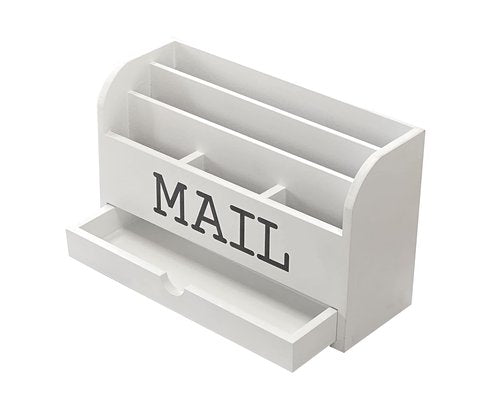 Cregugua White Desk Organizer Wooden Mail Storage box for tabletop office home,5 compartments with Drawer (4x11.8x7 in)