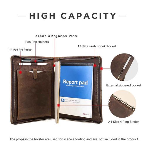 Contacts Full Grain Leather Portfolio 4 Ring Binder Professional A4 Notepad Folder Zipper Binder Organizer with 11" iPad Pocket, 40 Sheets of A4 Paper