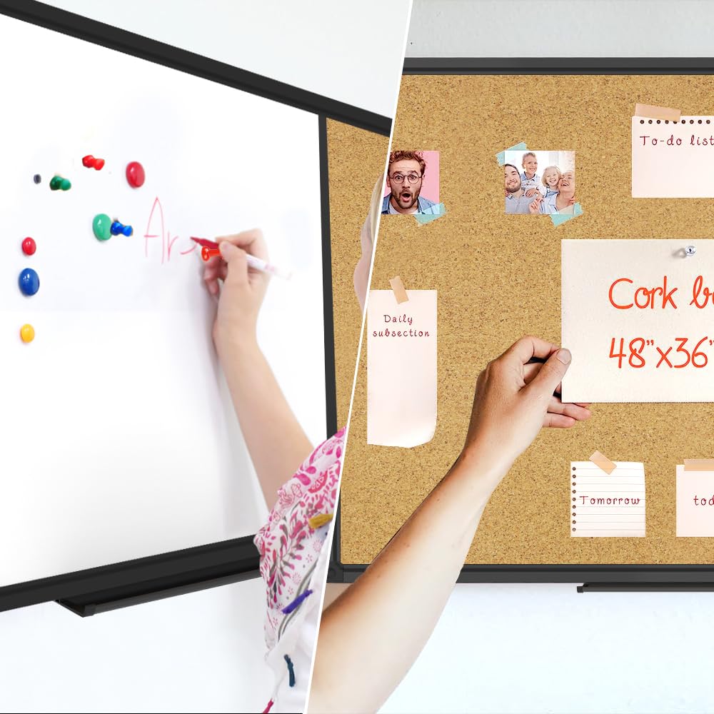 XBoard Magnetic White Board and Cork Board Combo 48" x 36", Black Aluminum Frame
