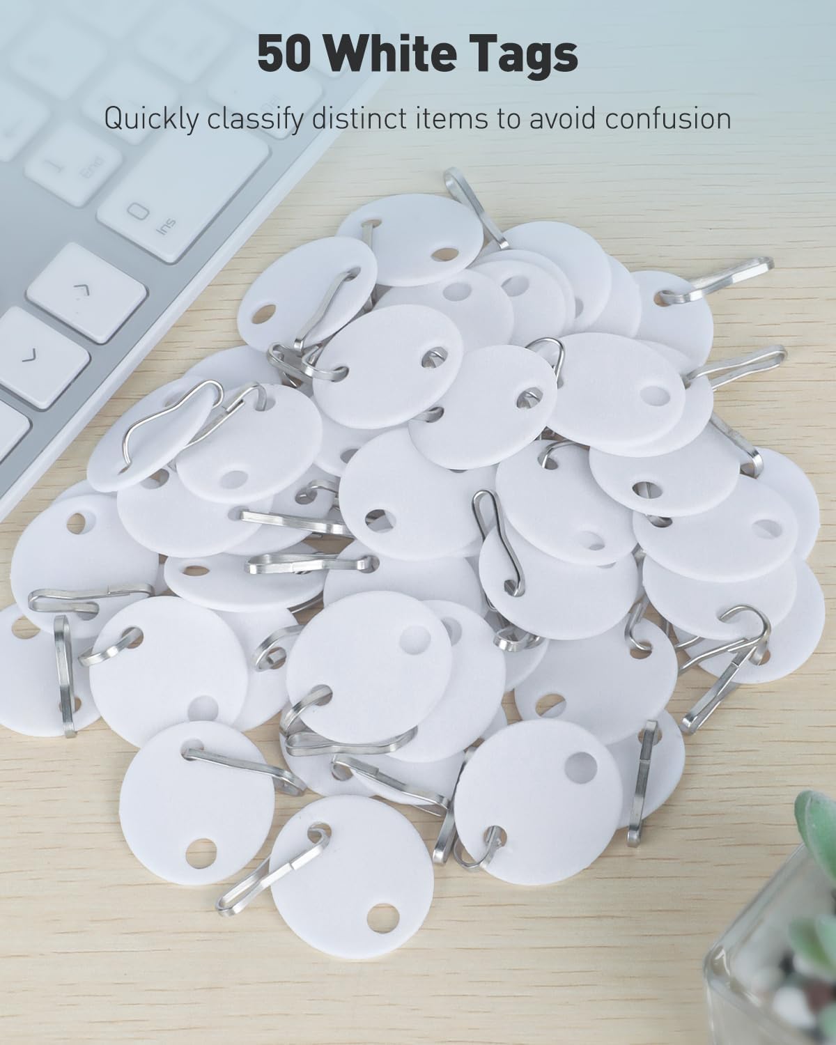 Uniclife Key Tags - 50 Pcs 1-Inch Plastic Double-Sided Writable White Tags with Metal Snap Hooks | Durable Home & Office Identifiers