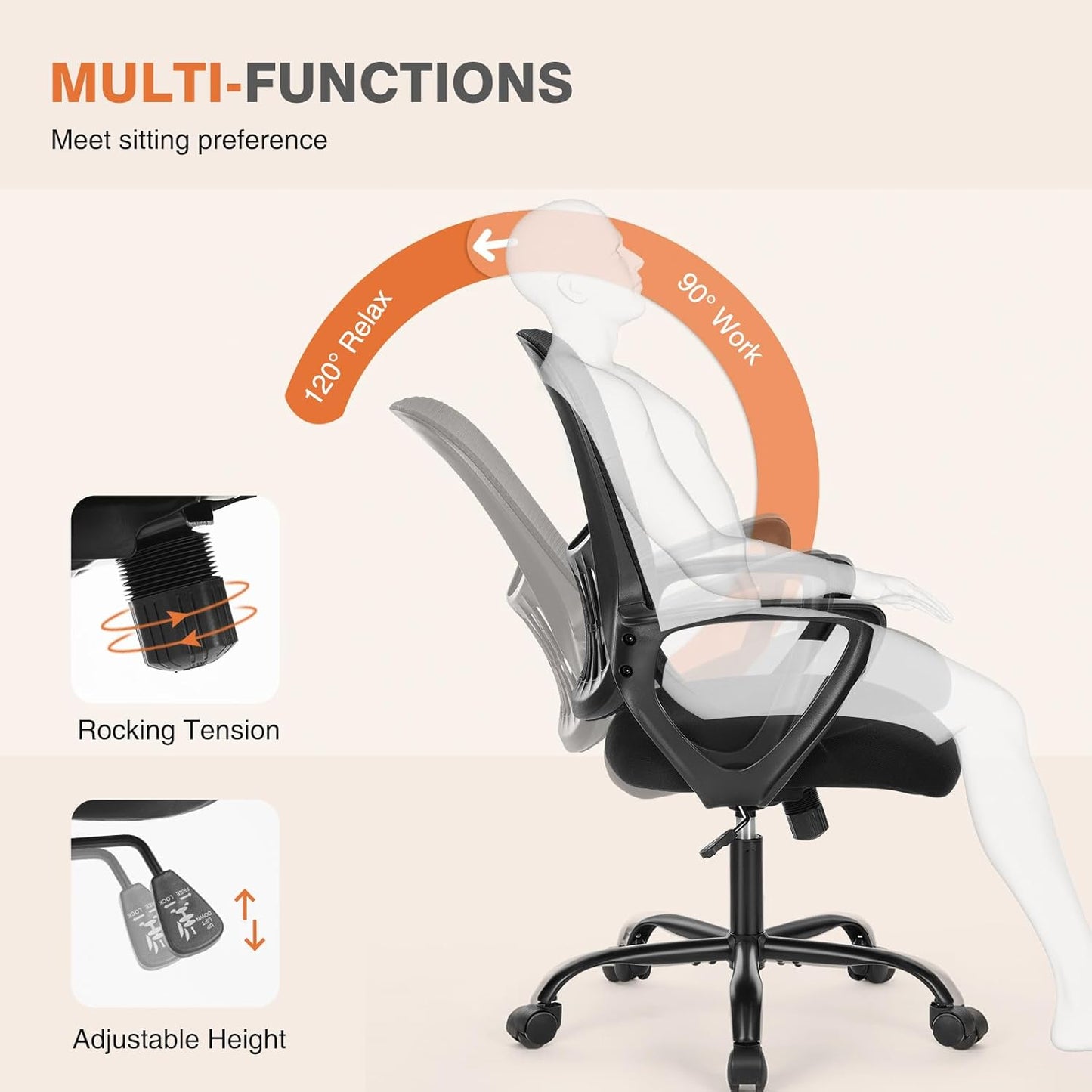 Sweetcrispy Ergonomic Mid-Back Mesh Office Chair - Lumbar Support & Comfortable Armrests | Ideal for Home & Study