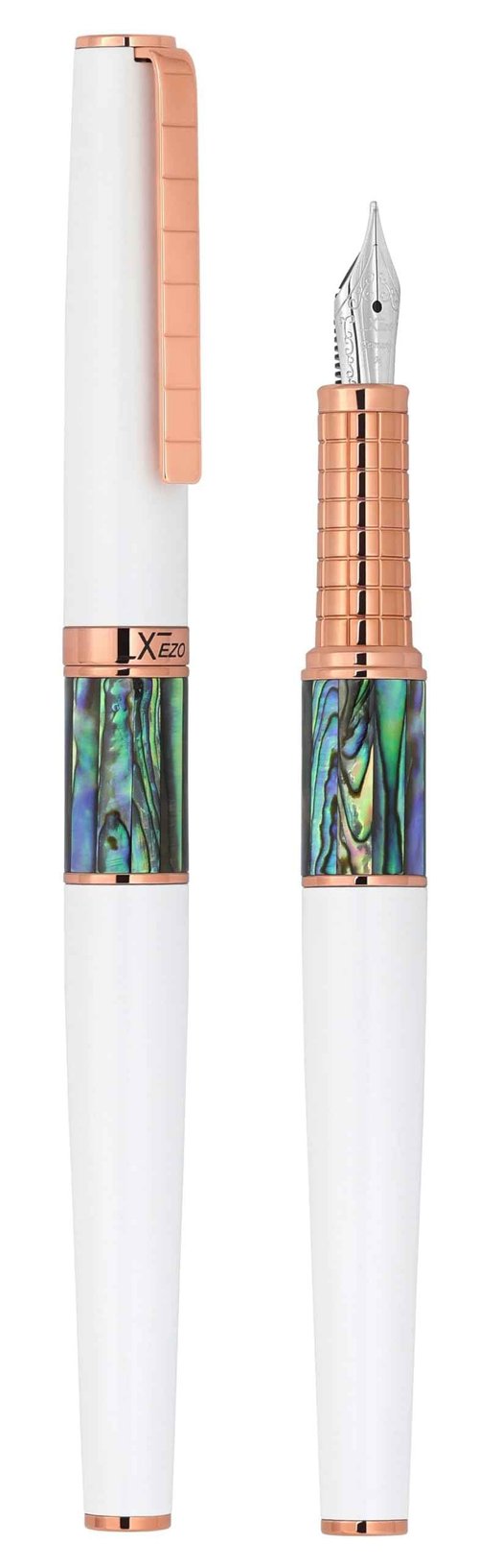 Xezo Speed Master Fountain Pen, Medium Nib. Matte White Color with Pāua Abalone Sea Shell. Rose Gold Plated. Lightweight Brass Body. No Two Alike. Etched With a Serial Number