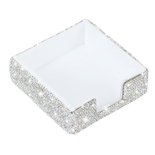 MultiBey Rhinestone Sticky Note Holder, 4 x 4 Inches Post it Note Dispenser Cute Self Sticky Note Pad Holder, Bling Sticky Memo Holder for Desk Office Home Supplies (Silver)