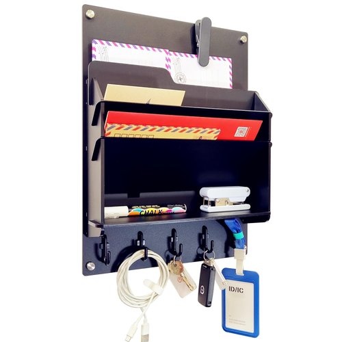 PROSPACE P0009 Mail Organizer with Key Holder for Wall Decorative Mail Sorter Wall Mounted, 12" x 16" Three-story Acrylic Mail Holder with 5 Hooks And One Partition (Matte Black)