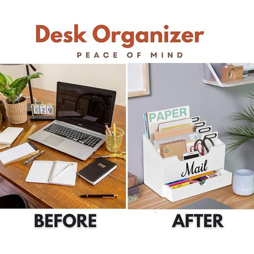 Niciksty Wood Desktop Mail Organizer, Mail Organizer Countertop with 4 Compartments and Drawer, Wood Mail Holder Sorter Organizer Holder for File Letter Paper Folder, White Wooden Desk Organizer