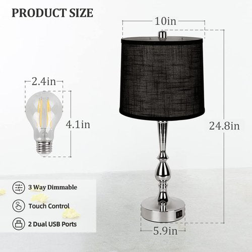 Dott Arts 24.8'' Modern Table Lamps - Set of 2 Bedside Lamps with USB Charging & Dimmable Touch Control | Silvery & Black