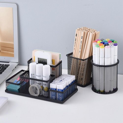 koofull 2 Packs Desk Organizer Desktop Mesh Pen Pencil Holder Caddy with 4 Compartments, Office Home School Classroom Accessories Cool Supplies (2Pcs Black)