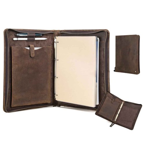 Contacts Full Grain Leather Portfolio 4 Ring Binder Professional A4 Notepad Folder Zipper Binder Organizer with 11" iPad Pocket, 40 Sheets of A4 Paper