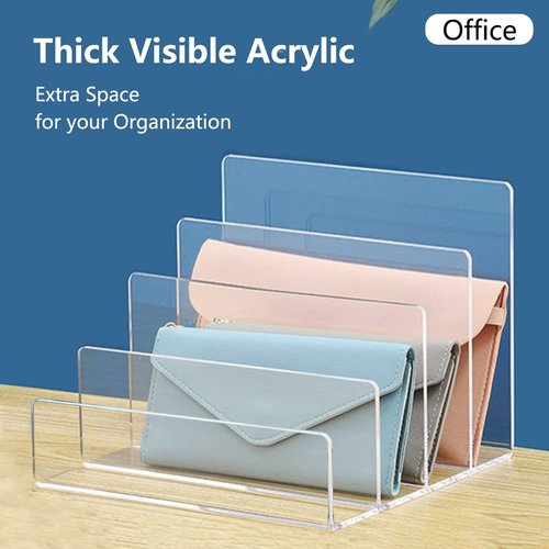 Halyuhn Acrylic File Organizer, 4Sections Clear Desk Organizer for Home Office, Desktop File Folder, Acrylic Mail Organizer Countertop for Notebook, Document and Paper, Clear File Holder,1Pcs