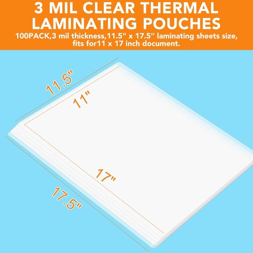 CAREGY Laminating Sheets - 100 Pack Clear Thermal Pouches for 11 x 17 Inch Sheets | 3 Mil Thickness