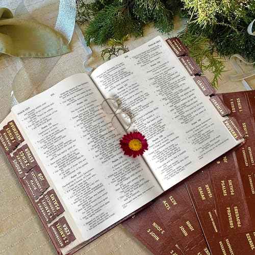 Bible Tabs for Women and Men - Leather Paper Bible Index Tabs - Large Gold Foil Laminated Tabs - Bible Journaling Supplies - 66 Bible Tabs for Old and New Testament,14 Blank tabs (Brown)
