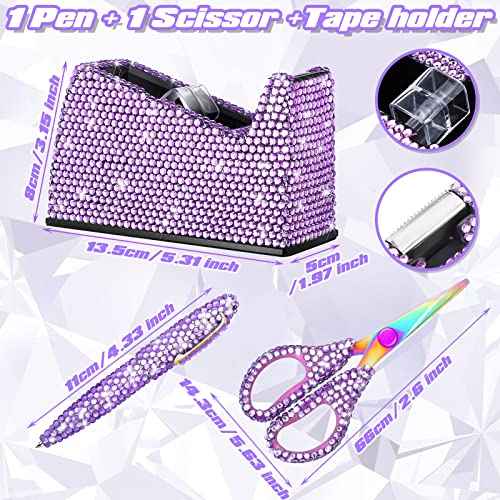 Yunlly 6 Pack Bling Office Stationery Set Desk Accessory Office Set Includes Pen Scissor Stapler Staple Remover 1000 Pcs Staples Tape Dispenser with Diamond Inlay for Home Desk(Purple)