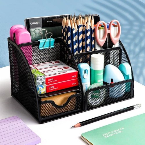 Jaugufiy Metal Mesh Stationery Organizer Pen/Pencil Holder - Black
