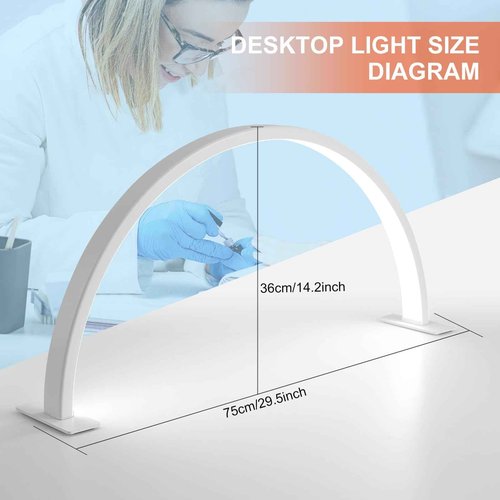 Half Moon Nail Light for Desk with Knob,29 Inches 50W, 180-Degree Illumination, 3 Color Temperature Adjustable & Dimmable for Beauty Salon Eyelash Desk Lamp, Manicure Nail Art Fill Light (White)