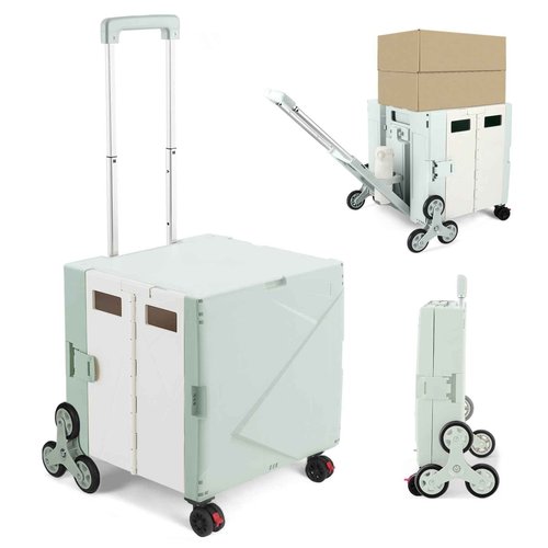76L Folding Utility Cart Portable Rolling Crate Handcart Shopping Collapsible Tool Box with Stair Climbing Wheels,Hidden Lid,2 Rotate Wheels,for Grocery,Shopping,Office,Storage(Green White)