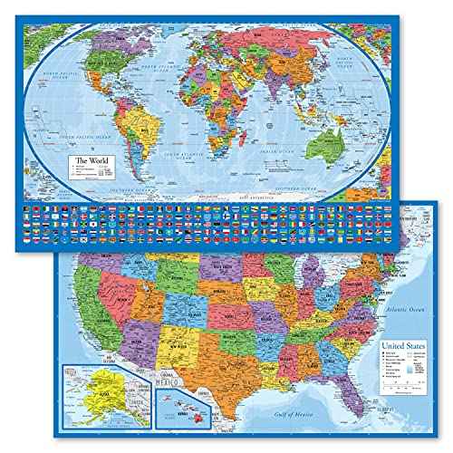 2 Pack - Laminated World Map Poster & USA Map Set - Equal Earth world map design shows continents at true relative size - US Map 18¡± x 29¡±