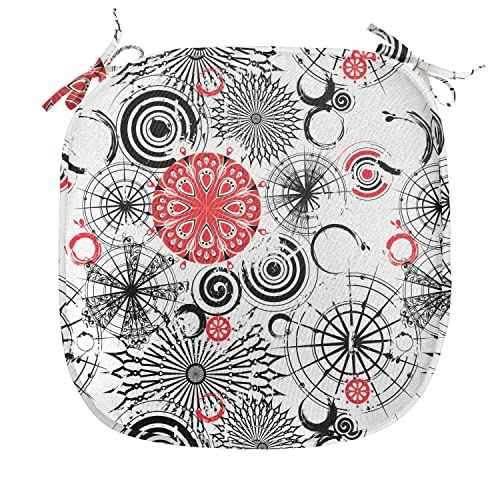 Ambesonne Mandala Chair Seating Cushion Set of 2, Grunge Looking Round Floral Rounds Contrast Colors and Design, Anti-Slip Seat Padding for Kitchen & Patio, 16"x16", Vermilion Black White