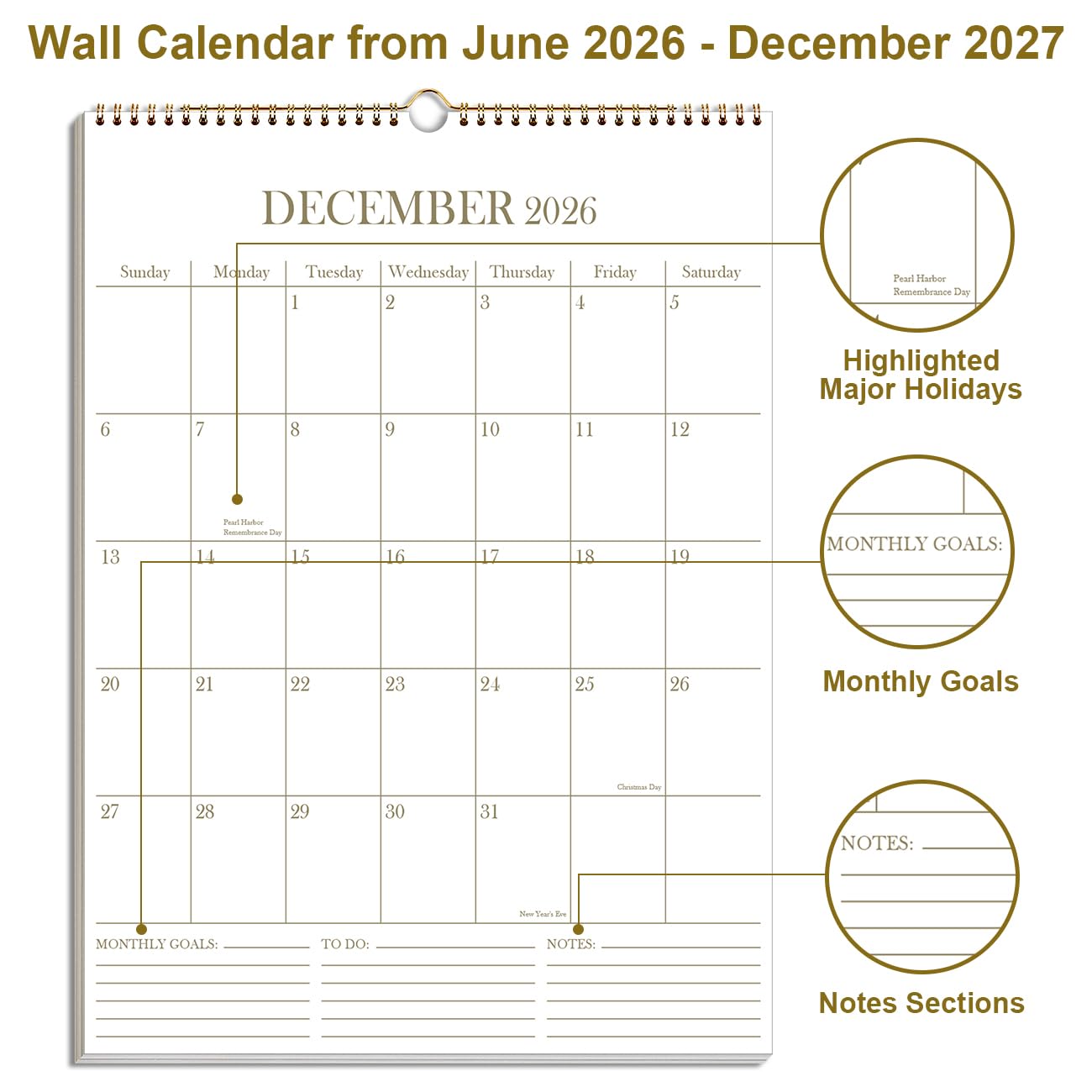 Calendar 2026-2027 - Wall Calendar from July 2026 - December 2027, 2026-2027 Wall Hanging Calendar with Thick Paper, 12" x 14.5", Gold