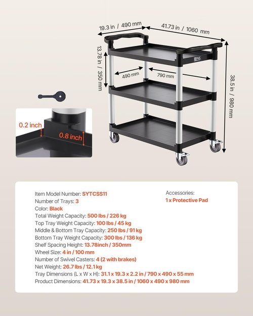 VEVOR Utility Cart, 500 lbs Load Capacity, 3-Tier Utility Plastic Cart with 360° Swivel Wheels (2 with Brakes), 31.1 x 19.3-inch Food Service Cart for Warehouse, Office, Home, Restaurant, Kitchen
