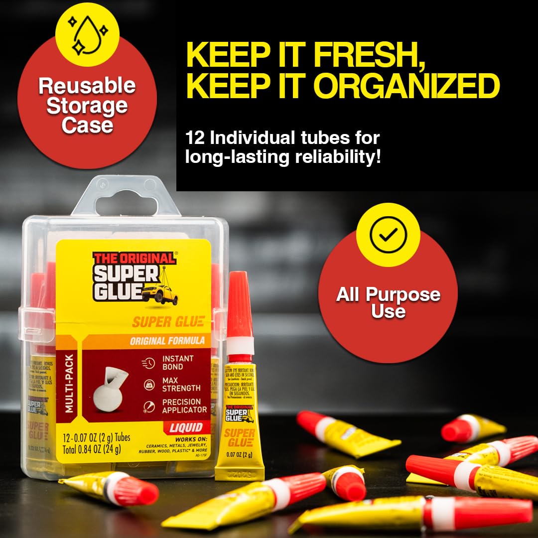 Super Glue Liquid, 2 Gram Tubes, 12-Pack, Clear, Instant Bonding, Fast Dry, Cyanoacrylate Adhesive, Precision Tip for Wood, Metal, Plastic, Crafts, Ceramic, and Toy Repairs