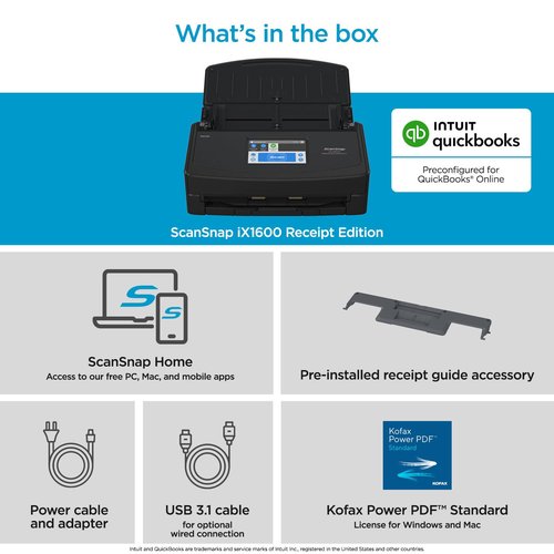 ScanSnap iX1600 Receipt Edition Color Duplex Invoice Document Scanner for Mac and PC Works with QuickBooks Online, Black