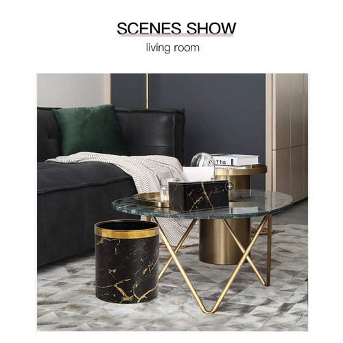 Huaqinglian Small Office Trash can Garbage can Metal Open top Wastebasket bin with Removable Gold Ring which for Hold Garbage Bag for Bathroom,Living Room,Bedroom Using (Black Gold Marble)