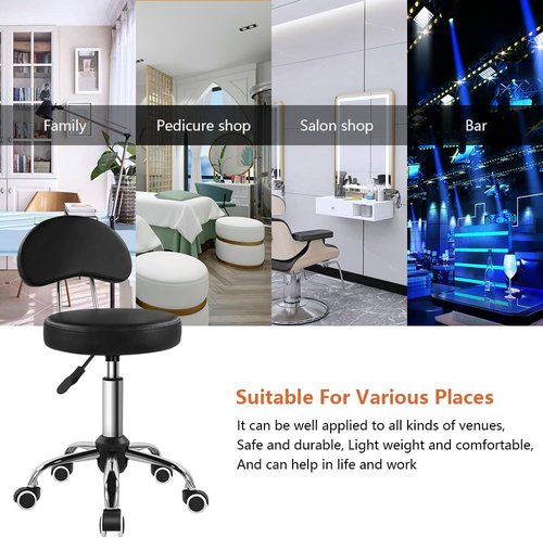 KKTONER Rolling Stool - Height Adjustable PU Leather Swivel Chair with Wheels | Black Mid Back Design