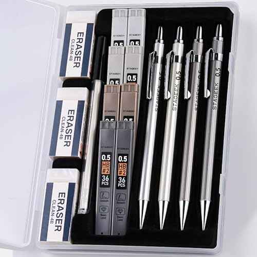 0.5mm Mechanical Pencil Set with Case - 4PCS Metal Mechanical Pencils, 8 Tubes HB #2 Lead Refills, 3PCS 4B Erasers and 9PCS Eraser Refills, Lead Mechanical Pencils for Writing & Drawing