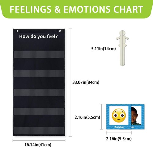 Boczif Emotions Feelings Pocket Chart - 24 Cards for Social Emotional Learning | Classroom Decor (Black)